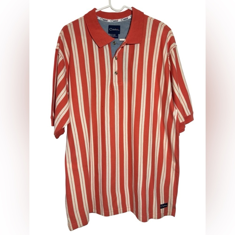 NWT Catalina Polo Golf Shirt Men's Large Orange White Stripes Heavy Short Sleeve
